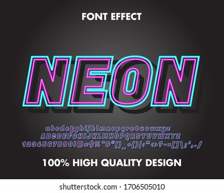 Neon Text Effect And Font Effect Full Set Alphabet, Number And Symbol. Blue And Pink Color On Black Background. Premium Vector