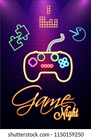 Neon Text Game night with retro game icon on shiny purple wall.