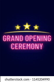 Neon Text Grand Opening Ceremony On Blue Backgrond For Poster Or Flyer Design.