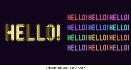 Neon text Hello, expressive Title. Set of glowing Hello word in Neon style with transparent backlight. Vector kit, red pink purple violet blue azure green yellow orange color