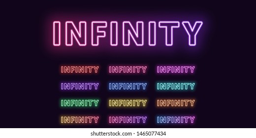 Neon text Infinity, expressive Title. Set of glowing Infinity word in Neon outline style with transparent backlight. Vector kit, red pink purple violet blue azure green yellow orange color