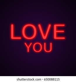 Neon text Love You, vector Font. Glowing text effect isolated on purple background