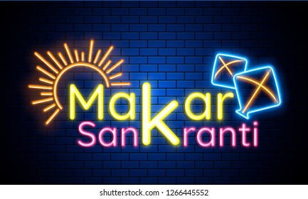 Neon text Makar Sankranti with kites on blue brick wall background. Can be used as advertising poster design.