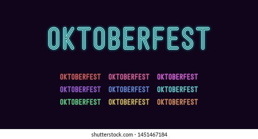 Neon text Oktoberfest, expressive Title. Set of glowing Oktober Fest headline in Neon style with transparent backlight. Vector kit, red pink purple violet blue azure green yellow orange color