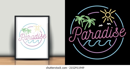 Neon Text Paradise Picture Frame With Mockup.Vector Ilustration For Home Decorations