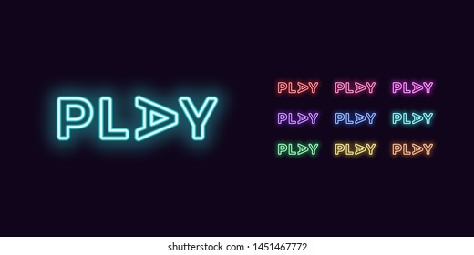 Neon text Play, expressive Title. Set of glowing Play word in Neon style with transparent backlight. Vector kit, red pink purple violet blue azure green yellow orange color