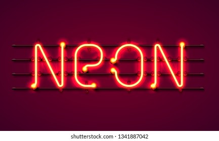 Neon text signboard on red background. Vector illustration