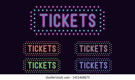 Neon text Tickets, expressive Title. Set of glowing Tickets inscription with Frame, Neon style with transparent backlight. Vector kit, red pink purple violet blue azure green yellow color