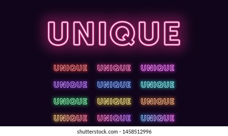Neon text Unique, expressive Title. Set of glowing word Unique in Neon outline style with transparent backlight. Vector kit, red pink purple violet blue azure green yellow orange colors