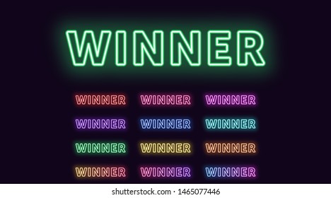Neon text Winner, expressive Title. Set of glowing word Winner in Neon outline style with transparent backlight. Vector kit, red pink purple violet blue azure green yellow orange color
