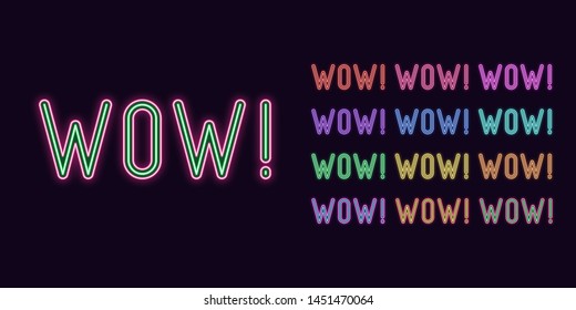 Neon text Wow, expressive Title. Set of glowing WOW word in Neon style with transparent backlight. Vector kit, red pink purple violet blue azure green yellow orange color