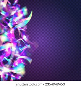 Neon Texture. Cristal Effect. Violet Shiny Tinsel. Metal Vaporwave Illustration. Retro Flare. Flying Foil. Birthday Sparkles. Festive Art. Blue Neon Texture