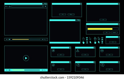 Neon theme of desktop user interface. Web browser window, online video player, error message and computer cursor.