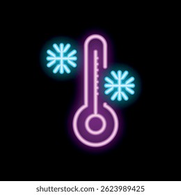 Neon thermometer indicating cold weather with its low temperature and snowflakes