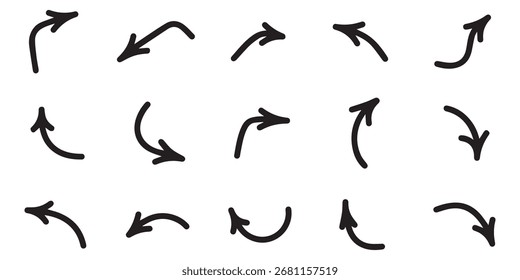 Neon dünnen gekrümmten Pfeil-Symbol-Set. Kurvenpfeile, Richtungszeichen und Symbole, Doodle-Elemente und schwarze Pfeilsymbole. Eps, Vektorgrafik-Design einzeln auf weißem Hintergrund. 