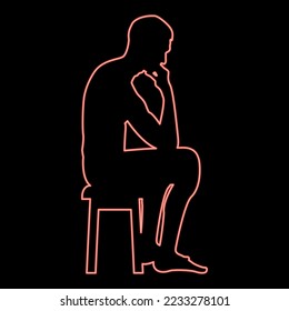 Neon thinking man sitting on a stool silhouette icon black color vector illustration flat style simple imagein circle round red color vector illustration image flat style light