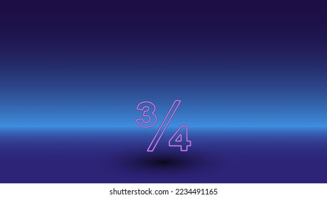 Neon three quarters symbol on a gradient blue background. The isolated symbol is located in the bottom center. Gradient blue with light blue skyline