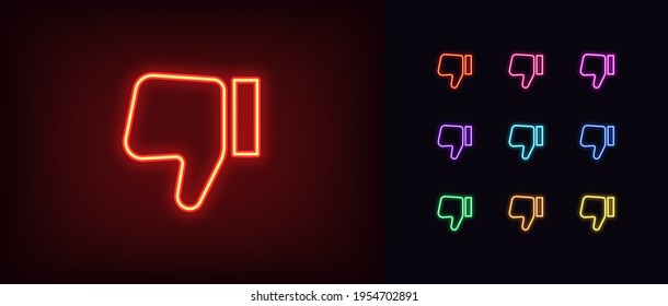 Neon thumb down icon. Glowing neon dislike sign, outline disapproving hand pictogram in vivid colors. Social media feedback, negative attitude, worst choice. Vector icon set, sign, graphic symbol