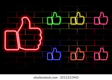 Neon thumb up icon. Glowing neon like sign, outline approving hand pictogram in vivid colors. Social media feedback, positive attitude, best choice. Vector icon set, sign, symbol and silhouette