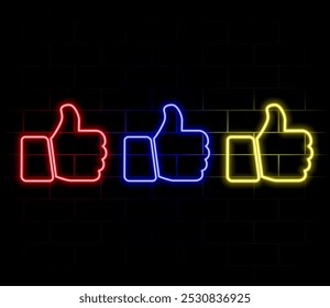 Neon thumb up icon. Glowing neon like sign, outline approving hand pictogram in vivid colors. Social media feedback, positive attitude, best choice. Vector icon set, sign, symbol and silhouette.