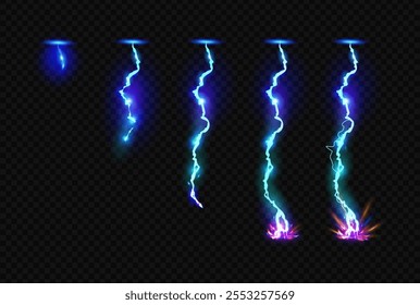 Animación de rayos de neón. Vector conjunto aislado de truenos y relámpagos realistas. Potente energía de descarga eléctrica para el cambio de Clima. Destello de luz en la oscuridad, movimiento y dinamismo