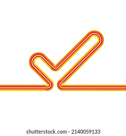 Señal de marca de neón línea única continua. Icono de aprobación de neón vector 3d. Sí marca el estilo de neón mínimo. Único tubo lineal simple. Neón lineal sobre fondo blanco.