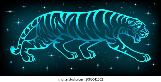 Neon tiger 2022. Symbol des Neujahrs nach dem Ostkalender. Heller wilder Raubfisch auf dunklem Hintergrund. Für Postkarten, Kalender zu Weihnachten. Vektorgrafik.