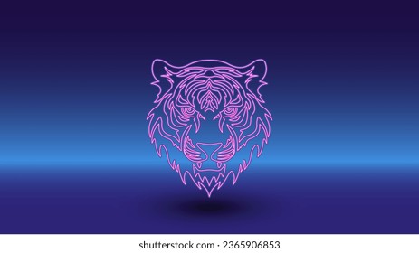 Neon tiger head symbol on a gradient blue background. The isolated symbol is located in the bottom center. Gradient blue with light blue skyline