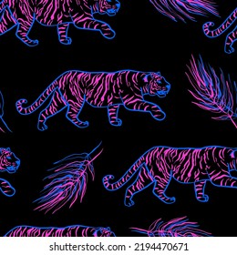 Neon tiger seamless pattern with blue and pink icons on black background. Vector 10 EPS illustration.