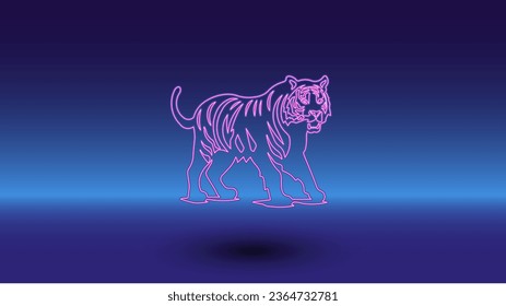 Neon tiger symbol on a gradient blue background. The isolated symbol is located in the bottom center. Gradient blue with light blue skyline