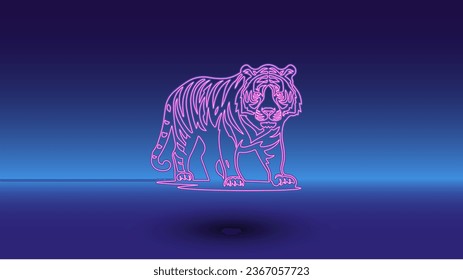 Neon tiger symbol on a gradient blue background. The isolated symbol is located in the bottom center. Gradient blue with light blue skyline