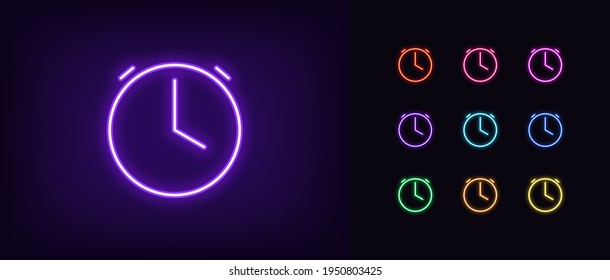 Neon time icon. Glowing neon clock sign, outline alarm silhouette in vivid colors. Time management, schedule planning, work hours, timeline and deadline. Vector icon set, sign, pictogram for UI