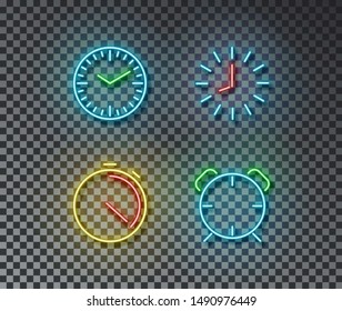 Neon time signs vector isolated on brick wall. Timer, clock, stopwatch, alarm light symbol, decoration effect. Neon clock illustration.