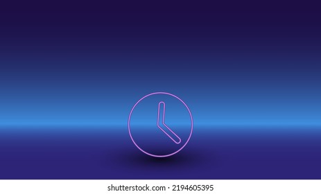 Neon time symbol on a gradient blue background. The isolated symbol is located in the bottom center. Gradient blue with light blue skyline