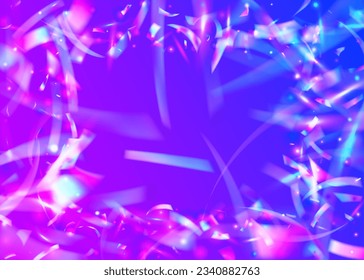Neon Tinsel. Falling Sparkles. Fiesta Art. Retro Multicolor Gradient. Disco Element. Bokeh Confetti. Purple Metal Background. Festive Foil. Violet Neon Tinsel