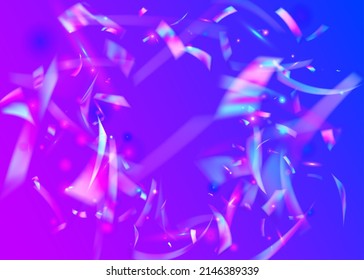 Neon Tinsel. Webpunk Art. Bokeh Background. Digital Foil. Transparent Texture. Shiny Flyer. Purple Retro Effect. Blur Celebrate Wallpaper. Blue Neon Tinsel