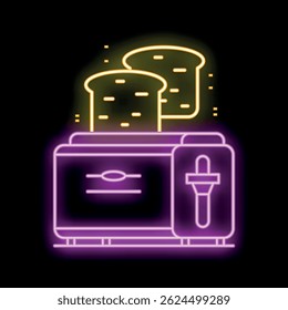 Neon toaster with bread slices popping up, glowing bright on black background