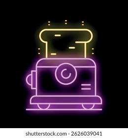 Neon toaster with toast popping up on black background, concept of breakfast and kitchen appliances