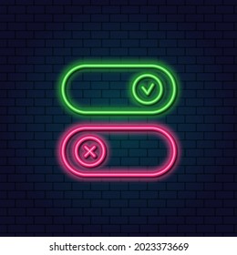 Neon Toggle Switch On and Off. Switch buttons. Modern devices ui template. Vector graphic design. Glowing neon sign on a dark background.