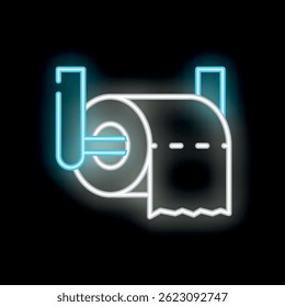 Neon toilet paper roll icon glowing on a black background, perfect for hygiene and bathroom related designs