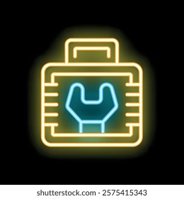 Neon toolbox icon glowing on dark background representing professional equipment for repair service