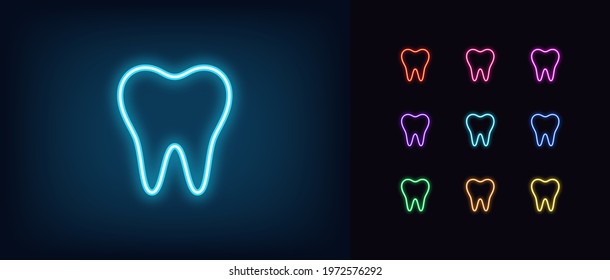 Neon tooth icon. Glowing neon tooth sign, outline dentist pictogram in vivid color. Oral health care, teeth diagnostics, check and treatment teeth, stomatology. Vector icon set, sign, symbol for UI