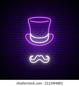 Neon top hat sign. Glowing Gentlemen icon dark brick wall background. Retro moustache and hat. Vector illustration in neon style.