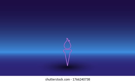 Neon torch symbol on a gradient blue background. The isolated symbol is located in the bottom center. Gradient blue with light blue skyline