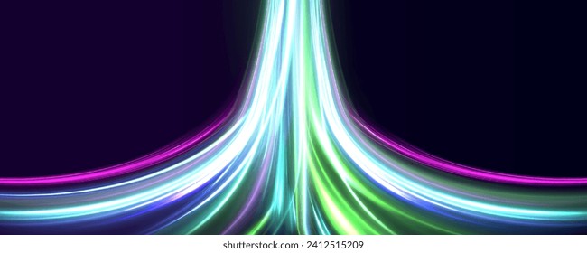 Neon tornado on a dark background. Vector image of colorful light trails with motion blur effect, long time exposure isolated on background	