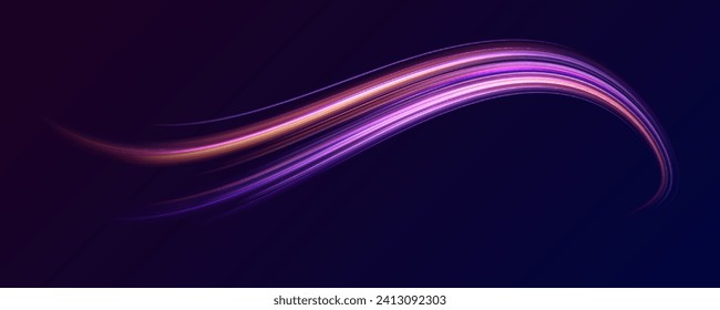 Neon tornado on a dark background. Vector image of colorful light trails with motion blur effect, long time exposure isolated on background	