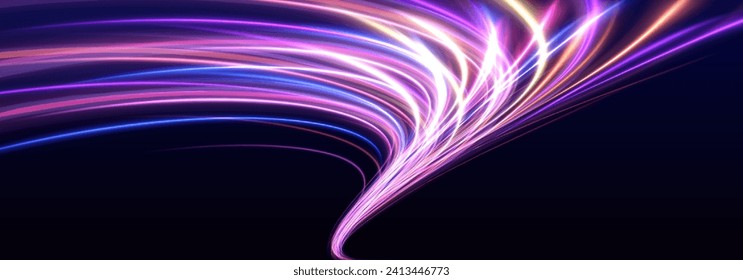 Neon tornado on a dark background. Vector image of colorful light trails with motion blur effect, long time exposure isolated on background	