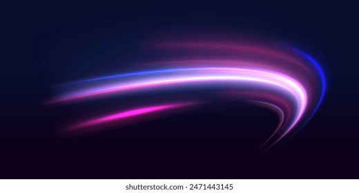 Neon tornado on a dark background. Vector image of colorful light trails with motion blur effect, long time exposure isolated on background.	