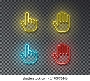 Neon touch signs vector isolated on brick wall. Touch hand, finger light symbol, decoration effect. Neon cursor illustration.