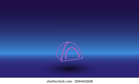 Neon tourist tent symbol on a gradient blue background. The isolated symbol is located in the bottom center. Gradient blue with light blue skyline